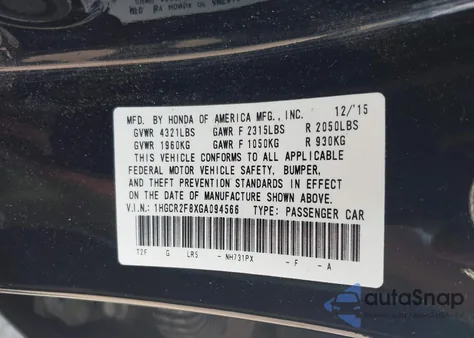 2016 Honda Accord Ex-L from USA, damaged, VIN 1HGCR2F8XGA094566